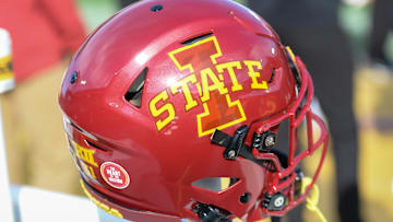Oct 23, 2021; Ames, Iowa, USA;  General view of helmet used by Iowa State Cyclones against the Oklahoma State Cowboys in the first half at Jack Trice Stadium. Mandatory Credit: Steven Branscombe-Imagn Images