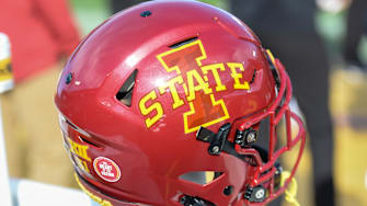 Oct 23, 2021; Ames, Iowa, USA;  General view of helmet used by Iowa State Cyclones against the Oklahoma State Cowboys in the first half at Jack Trice Stadium. Mandatory Credit: Steven Branscombe-Imagn Images
