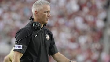 Aug 30, 2025; Tallahassee, Florida, USA; Florida State Seminoles head coach Mike Norvell reacts after a play against the Alabama Crimson Tide during the second half at Doak S. Campbell Stadium. Mandatory Credit: Melina Myers-Imagn Images