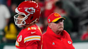 Oct 1, 2023; East Rutherford, New Jersey, USA; Kansas City Chiefs quarterback Patrick Mahomes (15) and Kansas City Chiefs head coach Andy Reid pre game against the Jets at MetLife Stadium. Mandatory Credit: Robert Deutsch-Imagn Images