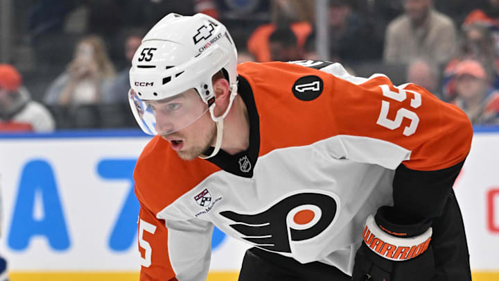 Jan 3, 2026; Edmonton, Alberta, CAN; Philadelphia Flyers defenseman Rasmus Ristolainen (55) is seen out on the ice as the Edmonton Oilers take on the Philadelphia Flyers during the first period at Rogers Place. Mandatory Credit: Walter Tychnowicz-Imagn Images