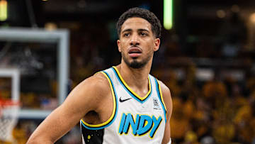 Apr 29, 2025; Indianapolis, Indiana, USA; Indiana Pacers guard Tyrese Haliburton (0)  during game five of the first round for the 2024 NBA Playoffs against the Milwaukee Bucks at Gainbridge Fieldhouse. Mandatory Credit: Trevor Ruszkowski-Imagn Images