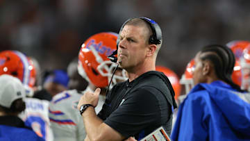 Sep 20, 2025; Miami Gardens, Florida, USA; Florida Gators head coach Billy Napier watches from the sideline against the Miami Hurricanes during the second quarter at Hard Rock Stadium. Mandatory Credit: Sam Navarro-Imagn Images