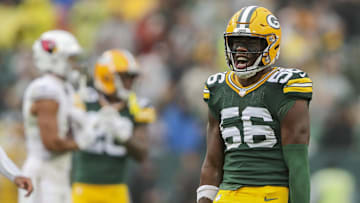 Oct 13, 2024; Green Bay, Wisconsin, USA; Green Bay Packers linebacker Edgerrin Cooper (56) reacts after making a tackle against the Arizona Cardinals at Lambeau Field. Mandatory Credit: Tork Mason/USA TODAY NETWORK-via Imagn Images