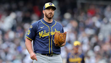 Mar 30, 2025; Bronx, New York, USA; Milwaukee Brewers starting pitcher Aaron Civale (32) reacts during the first inning against the New York Yankees at Yankee Stadium. Mandatory Credit: Brad Penner-Imagn Images