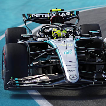 May 4, 2024; Miami Gardens, Florida, USA; Mercedes driver Lewis Hamilton (44) during F1 qualifying for Miami Grand Prix at Miami International Autodrome. Mandatory Credit: Peter Casey-USA TODAY Sports