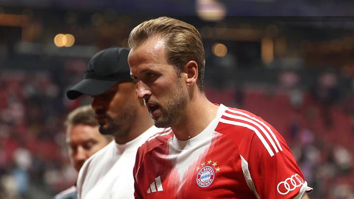 Jul 5, 2025; Atlanta, Georgia, USA; FC Bayern Munich forward Harry Kane (9) reacts at halftime against Paris Saint-Germain during a quarterfinal match of the 2025 FIFA Club World Cup at Mercedes-Benz Stadium. Mandatory Credit: Brett Davis-Imagn Images