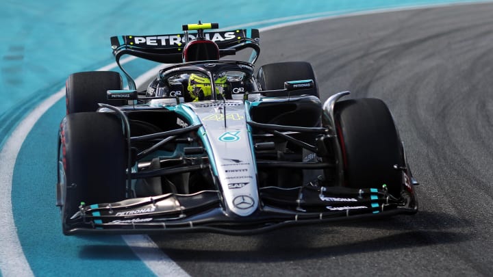 May 4, 2024; Miami Gardens, Florida, USA; Mercedes driver Lewis Hamilton (44) during F1 qualifying for Miami Grand Prix at Miami International Autodrome. Mandatory Credit: Peter Casey-USA TODAY Sports