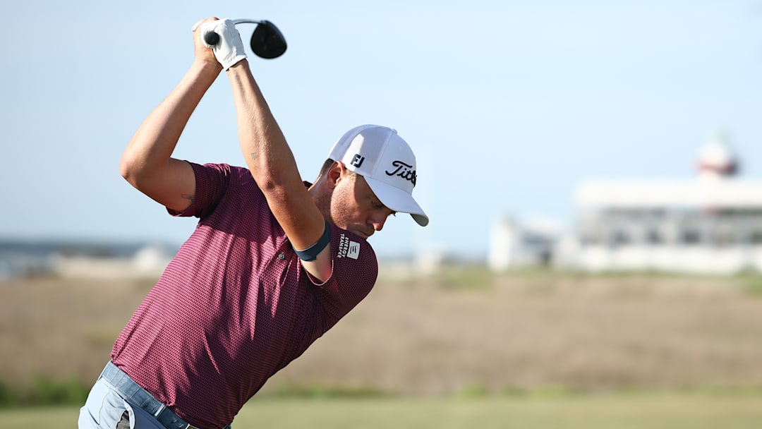 Justin Thomas tees off during the third round of the 2025 RBC Heritage