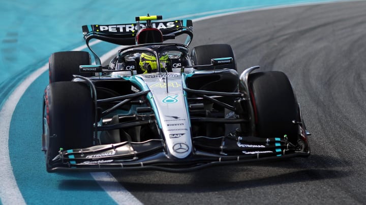 May 4, 2024; Miami Gardens, Florida, USA; Mercedes driver Lewis Hamilton (44) during F1 qualifying for Miami Grand Prix at Miami International Autodrome. Mandatory Credit: Peter Casey-USA TODAY Sports