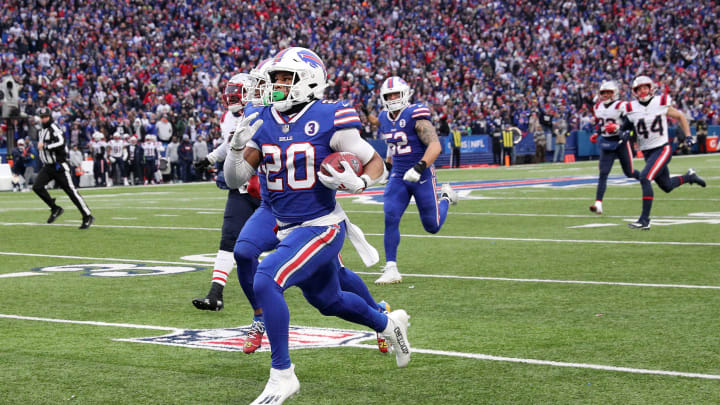 The Bills' Nyheim Hines returns this kickoff 101 yards for a touchdown against the Patriots. This