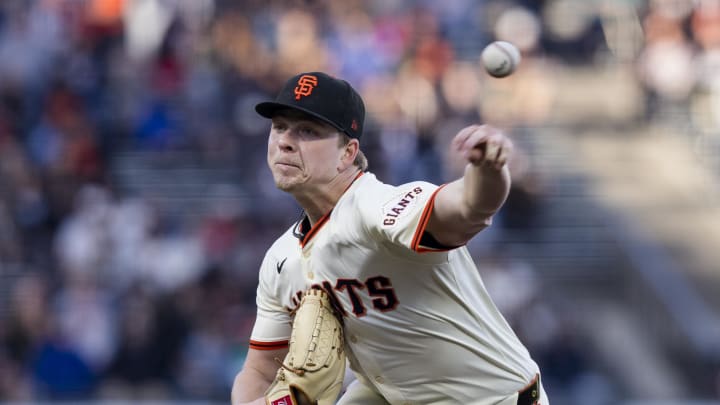 San Francisco Giants starting pitcher Kyle Harrison (45) throws against the Houston Astros during the first inning at Oracle Park on June 10.