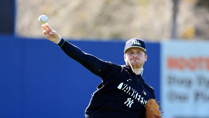 Feb 13, 2026; Tampa, FL, USA;  New York Yankees pitcher Clarke Schmidt (36) works out during spring training practices at George M. Steinbrenner Field. Mandatory Credit: Kim Klement Neitzel-Imagn Images