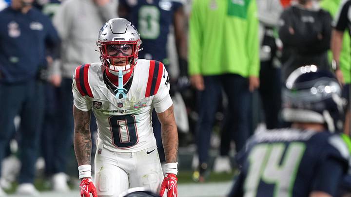 Feb 8, 2026; Santa Clara, CA, USA; New England Patriots cornerback Christian Gonzalez (0) during the third quarter against the Seattle Seahawks in Super Bowl LX at Levi's Stadium. Mandatory Credit: Darren Yamashita-Imagn Images