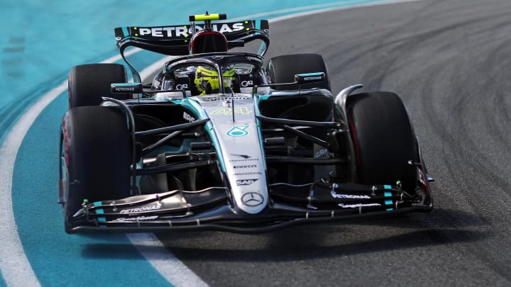 May 4, 2024; Miami Gardens, Florida, USA; Mercedes driver Lewis Hamilton (44) during F1 qualifying for Miami Grand Prix at Miami International Autodrome. Mandatory Credit: Peter Casey-USA TODAY Sports