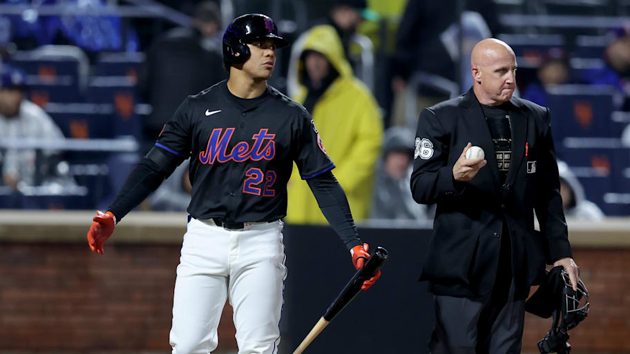 New York Mets right fielder Soto reacts after being called out on strikes by home plate umpire Blakney against the Los Angeles Dodgers at Citi Field.  | Brad Penner-Imagn Images