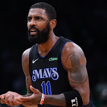 Jun 6, 2024; Boston, Massachusetts, USA; Dallas Mavericks guard Kyrie Irving (11) reacts in the third quarter against the Boston Celtics during game one of the 2024 NBA Finals at TD Garden. Mandatory Credit: David Butler II-Imagn Images