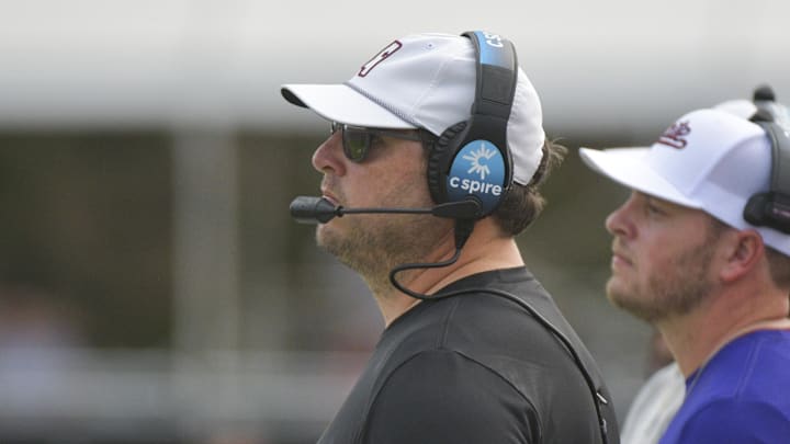 Mississippi State Bulldogs head coach Jeff Lebby watches a play during the first quarter against the Massachusetts Minutemen at Davis Wade Stadium at Scott Field.