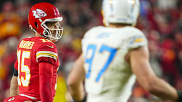 Kansas City Chiefs quarterback Patrick Mahomes (15) reacts after a first down during the second half against the Los Angeles Chargers at GEHA Field at Arrowhead Stadium.