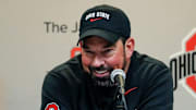 Ohio State Buckeyes head coach Ryan Day talks to media following the NCAA football game against the Michigan Wolverines at Michigan Stadium in Ann Arbor, Mich. on Nov. 29, 2025. Ohio State won 27-9.