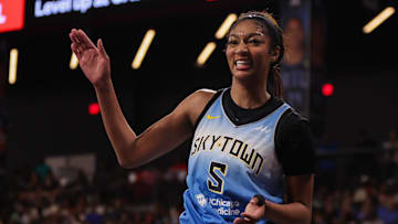 Jun 22, 2025; College Park, Georgia, USA; Chicago Sky forward Angel Reese (5) reacts after a ball goes out of bounds against the Atlanta Dream in the third quarter at Gateway Center Arena at College Park. Mandatory Credit: Brett Davis-Imagn Images