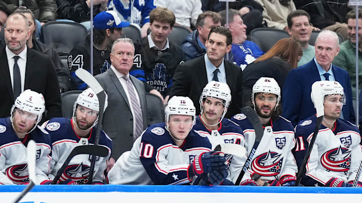 Nov 20, 2025; Toronto, Ontario, CAN; Columbus Blue Jackets head coach Dean Evason watches the play against the Toronto Maple Leafs during the third period at Scotiabank Arena. Mandatory Credit: Nick Turchiaro-Imagn Images