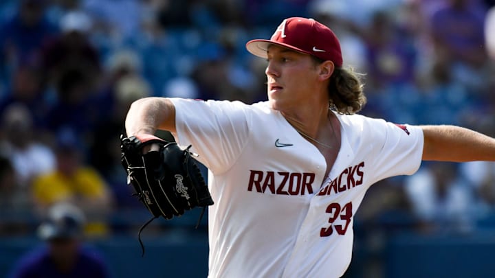 Arkansas starting pitcher Hagen Smith pitches against LSU during the SEC Tournament elimination game Thursday, May 25, 2023, at the Hoover Met.