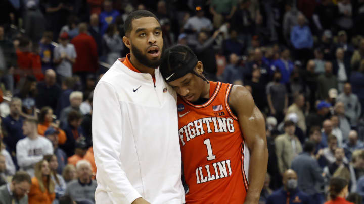 Mar 20, 2022; Pittsburgh, PA, USA; Illinois Fighting Illini guard Trent Frazier (1) reacts after losing to the Houston Cougars during the second round of the 2022 NCAA Tournament at PPG Paints Arena. Mandatory Credit: Geoff Burke-USA TODAY Sports