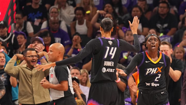 Oct 10, 2025; Phoenix, Arizona, USA; Phoenix Mercury guard Kahleah Copper (2) celebrates a basket against the Las Vegas Aces during the first half of game four of the 2025 WNBA Finals at Mortgage Matchup Center. Mandatory Credit: Joe Camporeale-Imagn Images