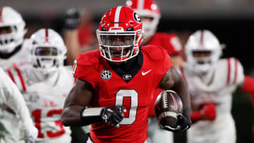 Georgia running back Roderick Robinson II (0) breaks away for a big gain during the second half of a NCAA college football game against Ole Miss in Athens, Ga., on Saturday, Nov. 11, 2023. Georgia won 52-17.