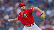 Aug 31, 2021; Minneapolis, Minnesota, USA; Minnesota Twins starting pitcher John Gant (33) throws against the Chicago Cubs in the first inning at Target Field. Mandatory Credit: Brad Rempel-Imagn Images