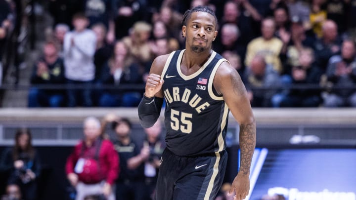 Purdue Boilermakers guard Lance Jones (55) celebrates a made basket 