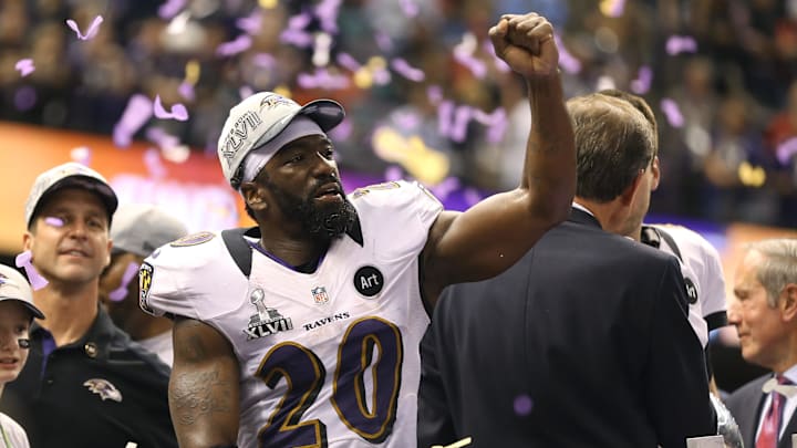 Feb 3, 2013; New Orleans, LA, USA; Baltimore Ravens safety Ed Reed (20) celebrates after defeating the San Francisco 49ers in Super Bowl XLVII at the Mercedes-Benz Superdome. Mandatory Credit: Mark J. Rebilas-Imagn Images