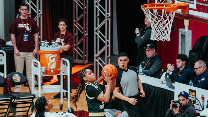 Ontario Christian (CA) sophomore Kaleena Smith drives for a layup against Christ the King (NY) in 2025 Hoophall Classic..