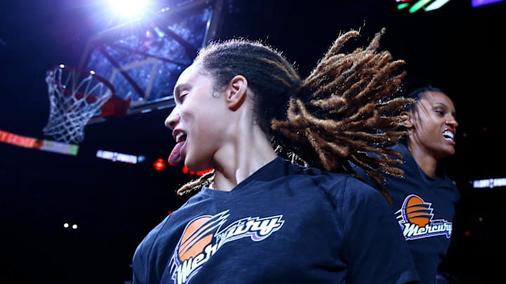 Sep 9, 2014; Phoenix, AZ, USA; Phoenix Mercury center Brittney Griner (left) and guard DeWanna Bonner celebrate prior to the game against the Chicago Sky during game two of the WNBA Finals at US Airways Center. The Mercury defeated the Sky 97-68. Mandatory Credit: Mark J. Rebilas-Imagn Images Sep 9, 2014; Phoenix, AZ, USA; Phoenix Mercury center Brittney Griner (left) and guard DeWanna Bonner celebrate prior to the game against the Chicago Sky during game two of the WNBA Finals at US Airways Center. The Mercury defeated the Sky 97-68. Mandatory Credit: Mark J. Rebilas-Imagn Images