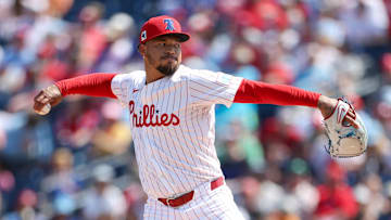 Mar 8, 2025; Clearwater, Florida, USA; Philadelphia Phillies pitcher Taijuan Walker (99) throws a pitch against the Toronto Blue Jays in the first inning during spring training at BayCare Ballpark.