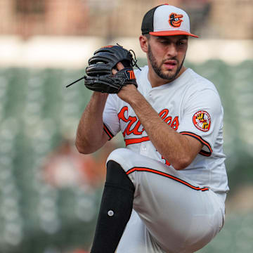 Jun 26, 2024; Baltimore, Maryland, USA; Baltimore Orioles pitcher Grayson Rodriguez (30) throws a pitch during the first inning against the Cleveland Guardians at Oriole Park at Camden Yards