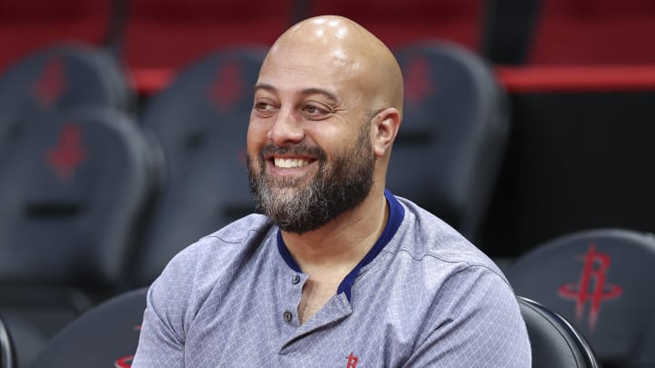 Oct 2, 2022; Houston, Texas, USA; Houston Rockets general manager Rafael Stone smiles before the preseason game against the San Antonio Spurs at Toyota Center. Mandatory Credit: Troy Taormina-USA TODAY Sports