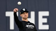 Oct 3, 2025; Toronto, Ontario, Canada; New York Yankees pitcher Luke Weaver (30) throws the ball during workouts at Rogers Centre. Mandatory Credit: Dan Hamilton-Imagn Images