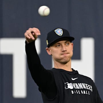 Oct 3, 2025; Toronto, Ontario, Canada; New York Yankees pitcher Luke Weaver (30) throws the ball during workouts at Rogers Centre. Mandatory Credit: Dan Hamilton-Imagn Images