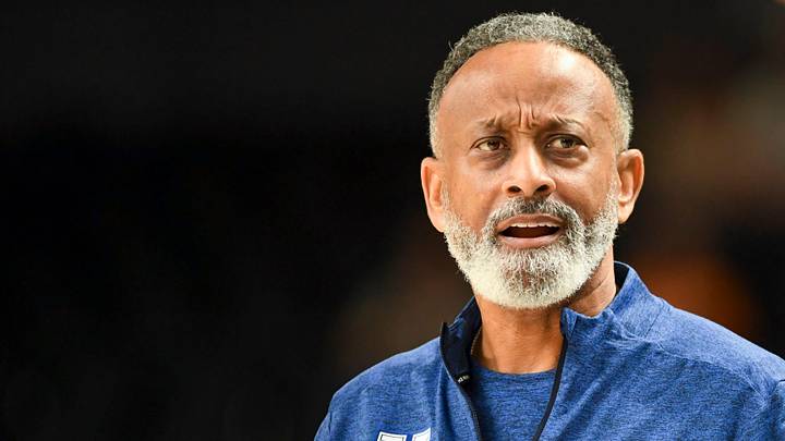Kentucky Wildcats head coach Kenny Brooks looks down court Thursday, March 5, 2026, during the SEC Women's Basketball Tournament second round game against the Georgia Bulldogs at Bon Secours Wellness Arena in Greenville, South Carolina.
