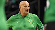 Oregon head coach Kelly Graves looks on as the Oregon Ducks host the Western Oregon Wolves in an exhibition game at Matthew Knight Arena in Eugene on Oct. 30, 2025.