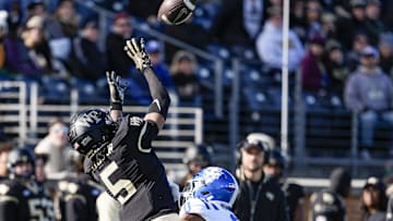 Nov 30, 2024; Winston-Salem, North Carolina, USA; Wake Forest Demon Deacons wide receiver Horatio Fields (5) makes the first touchdown catch defended by Duke Blue Devils cornerback Chandler Rivers (0) during the first half at Allegacy Federal Credit Union Stadium. Mandatory Credit: Jim Dedmon-Imagn Images
