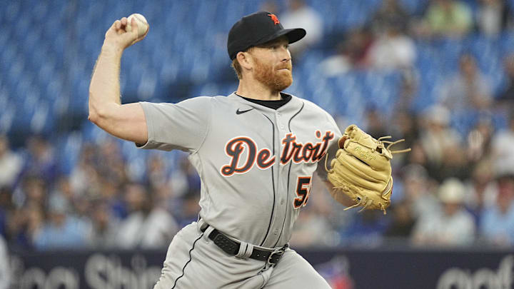 Apr 13, 2023; Toronto, Ontario, CAN; Detroit Tigers pitcher Spencer Turnbull (56) pitches to the Toronto Blue Jays during the second inning at Rogers Centre.