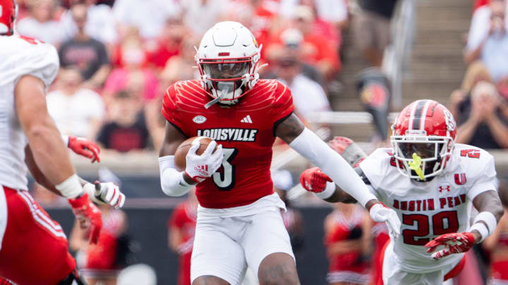 Louisville Cardinals defensive back Quincy Riley (3) runs the ball down the field during their game against the Austin Peay Governors on Saturday, Aug. 31, 2024 at L&N Federal Credit Union Stadium in Louisville, Ky.