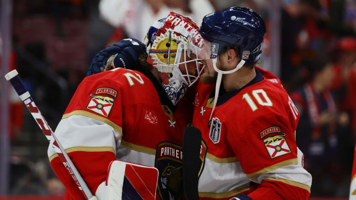 Jun 8, 2024; Sunrise, Florida, USA; forward Vladimir Tarasenko (10) celebrates the win with goaltender Sergei Bobrovsky (72) against the Edmonton Oilers after the third period in game one of the 2024 Stanley Cup Final at Amerant Bank Arena. Mandatory Credit: Sam Navarro-USA TODAY Sports