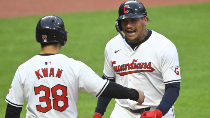 Apr 20, 2024; Cleveland, Ohio, USA; Cleveland Guardians designated hitter Josh Naylor (22) celebrates his two-run home run with left fielder Steven Kwan (38) in the fifth inning against the Oakland Athletics at Progressive Field. Mandatory Credit: David Richard-USA TODAY Sports