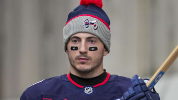 Mar 1, 2025; Columbus, Ohio, USA;  Columbus Blue Jackets defenseman Zach Werenski waits to take the ice for warmups before the game against the Detroit Red Wings at Ohio Stadium. Mandatory Credit: Aaron Doster-Imagn Images
