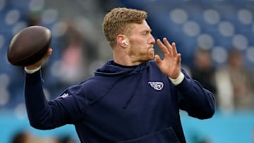 Tennessee Titans quarterback Will Levis warms up before a game against the Jacksonville Jaguars at Nissan Stadium in Nashville, Tenn., Sunday, Jan. 7, 2024.