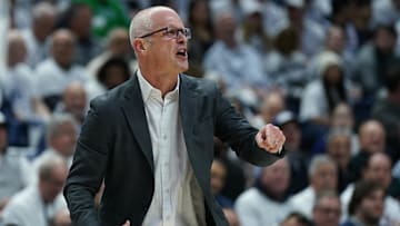 Mar 5, 2025; Storrs, Connecticut, USA; UConn Huskies head coach Dan Hurley watches from the sideline as they take on the Marquette Golden Eagles at Harry A. Gampel Pavilion. Mandatory Credit: David Butler II-Imagn Images
